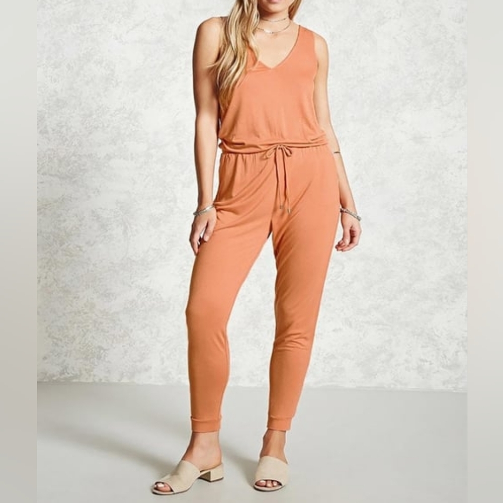 Forever 21 Contemporary Sleeveless V-neck Jumpsuit Drawstring Waist Pockets S